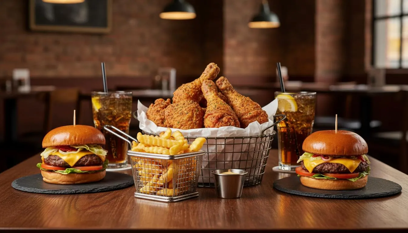 Raimenzo delicious broasted chicken, burgers, wraps and fries spread